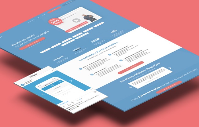 Un visuel présentant la plateforme de révision J'ai 20 en maths ainsi qu'une publicité Facebook/Instagram gérée par Sysentive.