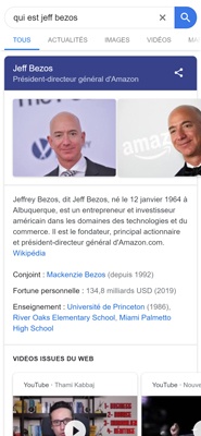 Capture d'écran mobile d'une knowledge card sur Jeff Bezos
