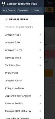 Capture d'écran du menu de Amazon