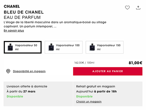 Capture d'écran du site de Sephora proposant le retrait en magasin.